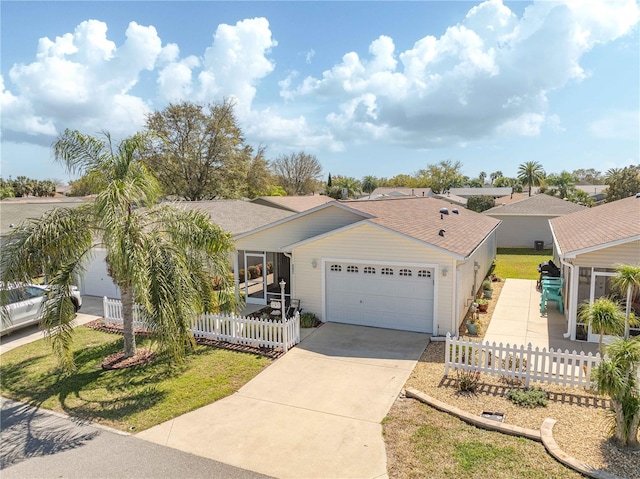 view of front of property with a fenced front yard, a garage, driveway, and a shingled roof