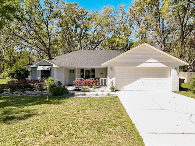 ranch-style house featuring driveway, covered porch, stucco siding, a front lawn, and a garage