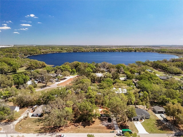 drone / aerial view featuring a forest view and a water view