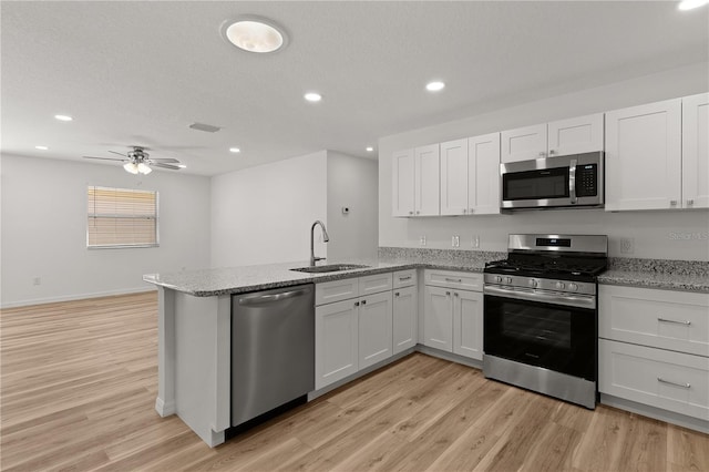 kitchen featuring a peninsula, stainless steel appliances, light wood-type flooring, and a sink