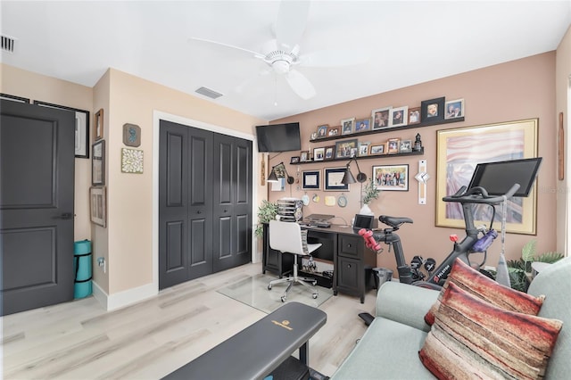 home office with visible vents, baseboards, ceiling fan, and wood finished floors