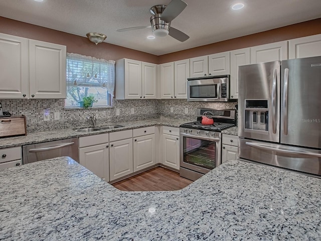 kitchen featuring appliances with stainless steel finishes, white cabinetry, ceiling fan, and a sink