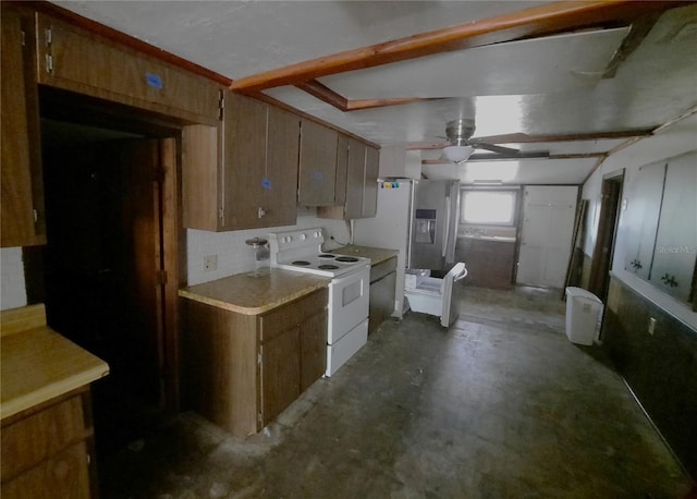 kitchen featuring concrete floors, stainless steel fridge with ice dispenser, light countertops, white electric range oven, and a ceiling fan