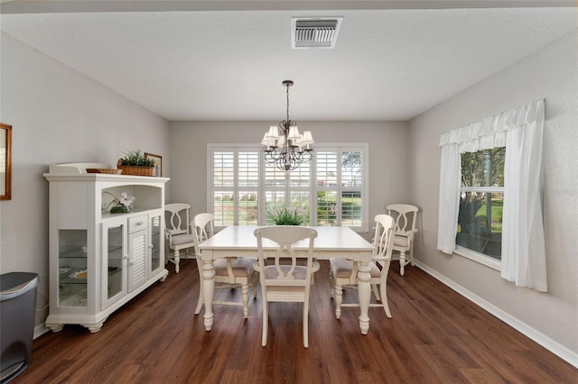 dining room with visible vents, a healthy amount of sunlight, and dark wood-style flooring