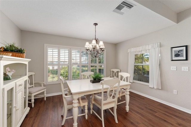dining area featuring visible vents, baseboards, a chandelier, and dark wood-style flooring