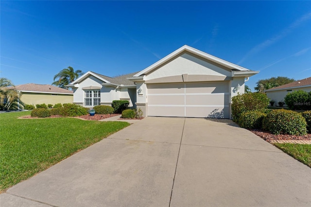 ranch-style home with a front yard, a garage, driveway, and stucco siding
