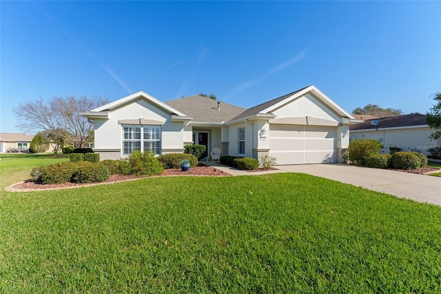 single story home with stucco siding, driveway, an attached garage, and a front lawn