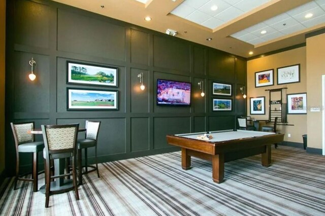 rec room featuring recessed lighting, a high ceiling, billiards, a decorative wall, and carpet flooring
