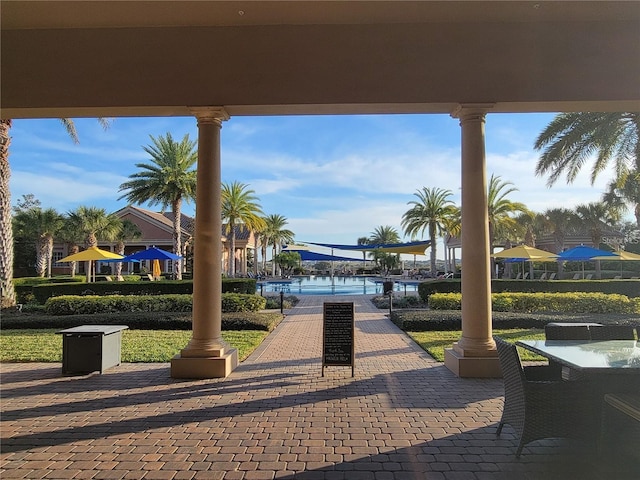 view of patio / terrace with a community pool and a water view