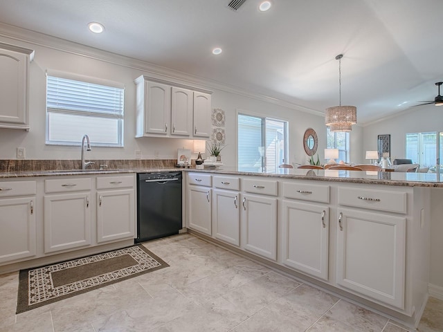 1829 Foxwood Ln, The Villages, FL 32162 - kitchen featuring ornamental molding, ceiling fan with notable chandelier, a sink, white cabinetry, and dishwasher
