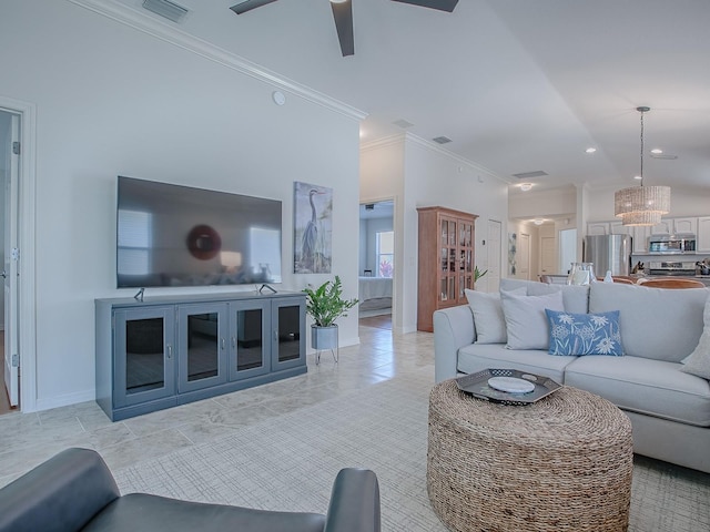 1829 Foxwood Ln, The Villages, FL 32162 - living area featuring visible vents, ceiling fan with notable chandelier, baseboards, and ornamental molding