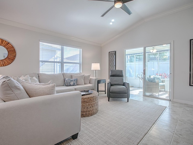 1829 Foxwood Ln, The Villages, FL 32162 - living area featuring baseboards, light tile patterned flooring, crown molding, lofted ceiling, and ceiling fan