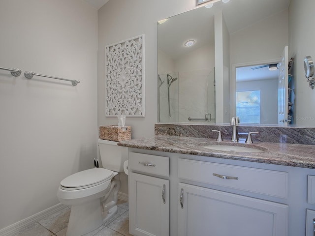 1829 Foxwood Ln, The Villages, FL 32162 - full bathroom with tile patterned flooring, a shower stall, toilet, lofted ceiling, and vanity