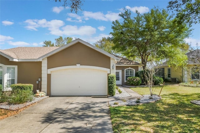 6200 Topsail Rd, Lady Lake, FL 32159 - ranch-style home with stucco siding, central air condition unit, a front lawn, concrete driveway, and a garage