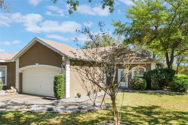 6200 Topsail Rd, Lady Lake, FL 32159 - view of front of house with stucco siding, a front lawn, driveway, roof with shingles, and a garage