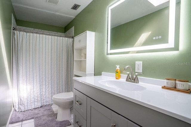bathroom featuring visible vents, curtained shower, toilet, vanity, and tile patterned flooring