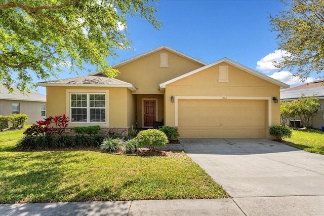 view of front of house featuring concrete driveway, an attached garage, a front lawn, and stucco siding