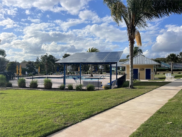 981 Fiesta Key Cir, Lady Lake, FL 32159 - surrounding community featuring a pool, a patio area, a yard, and fence