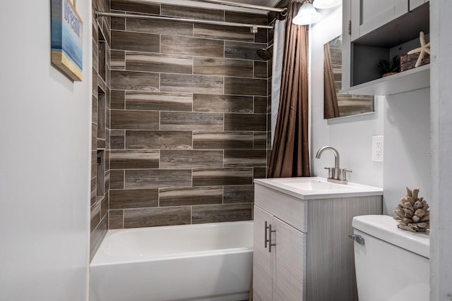 bathroom featuring vanity, shower / bathtub combination with curtain, and toilet