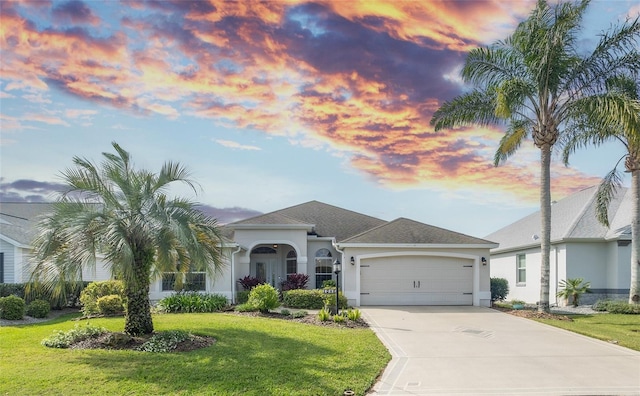 1046 Ridgeland Path, The Villages, FL 32162 - view of front of house with a front lawn, stucco siding, an attached garage, and concrete driveway