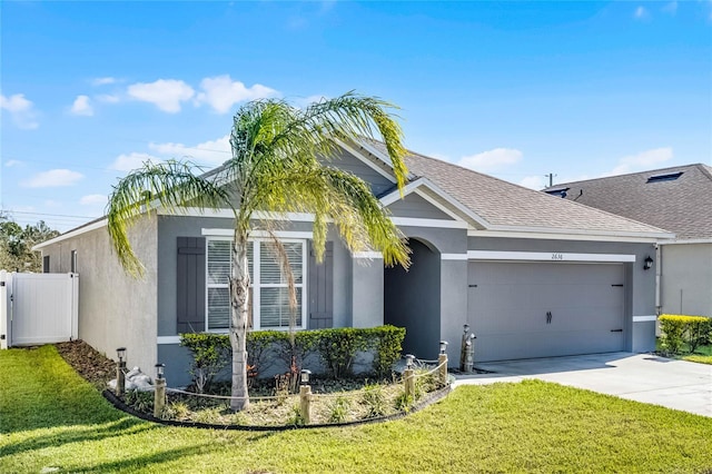 2636 Neverland Dr, New Smyrna Beach, FL 32168 - view of front of house with a front lawn, an attached garage, and stucco siding