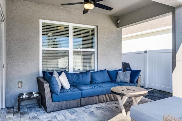 2636 Neverland Dr, New Smyrna Beach, FL 32168 - view of patio / terrace featuring outdoor lounge area, a ceiling fan, and fence