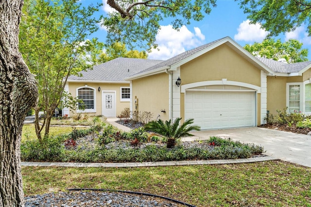 6152 Topsail Rd, Lady Lake, FL 32159 - ranch-style home with roof with shingles, stucco siding, an attached garage, and concrete driveway