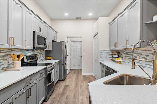 6152 Topsail Rd, Lady Lake, FL 32159 - kitchen with open shelves, stainless steel appliances, gray cabinetry, a sink, and light wood finished floors