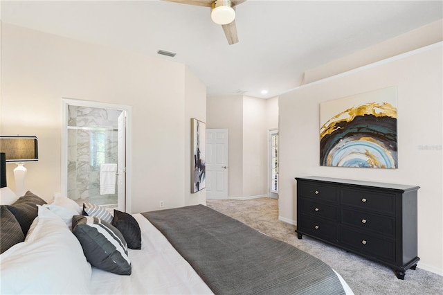 6152 Topsail Rd, Lady Lake, FL 32159 - bedroom featuring baseboards, ceiling fan, visible vents, light carpet, and ensuite bathroom