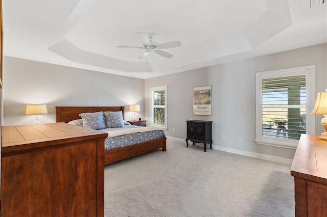 bedroom with multiple windows, a raised ceiling, light colored carpet, and a wood stove