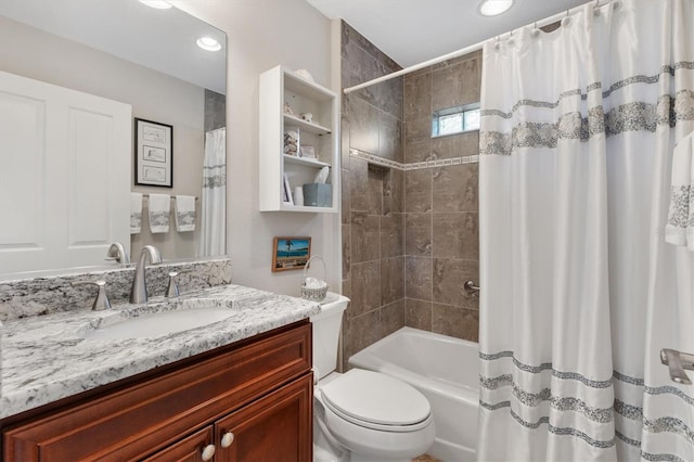bathroom featuring vanity, shower / bath combination with curtain, toilet, and recessed lighting
