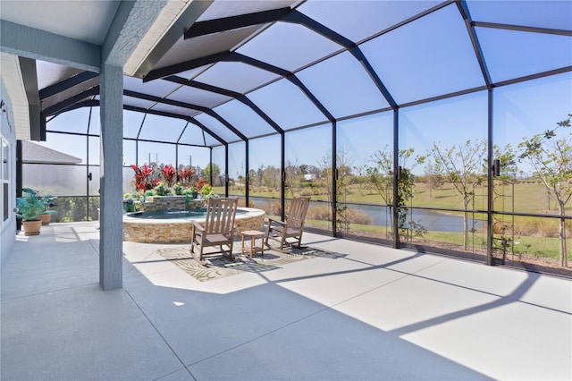 6444 Mcknight Loop, The Villages, FL 34762 - view of patio with an in-ground hot tub, a water view, and glass enclosure