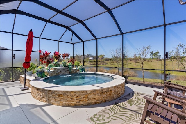 6444 Mcknight Loop, The Villages, FL 34762 - view of pool featuring an in-ground hot tub, a water view, glass enclosure, and a patio area