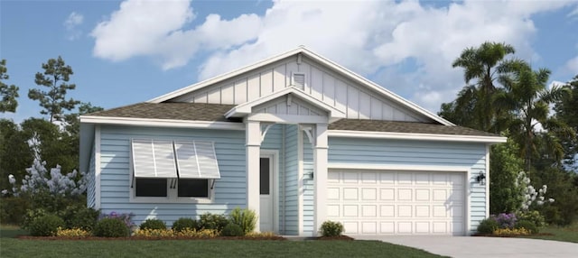 single story home with board and batten siding, an attached garage, and driveway
