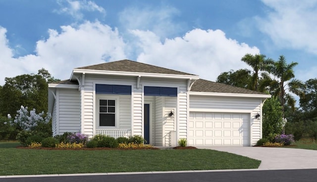 999 Fiesta Key Cir, Lady Lake, FL 32159 - ranch-style house featuring driveway, a front yard, a garage, and roof with shingles