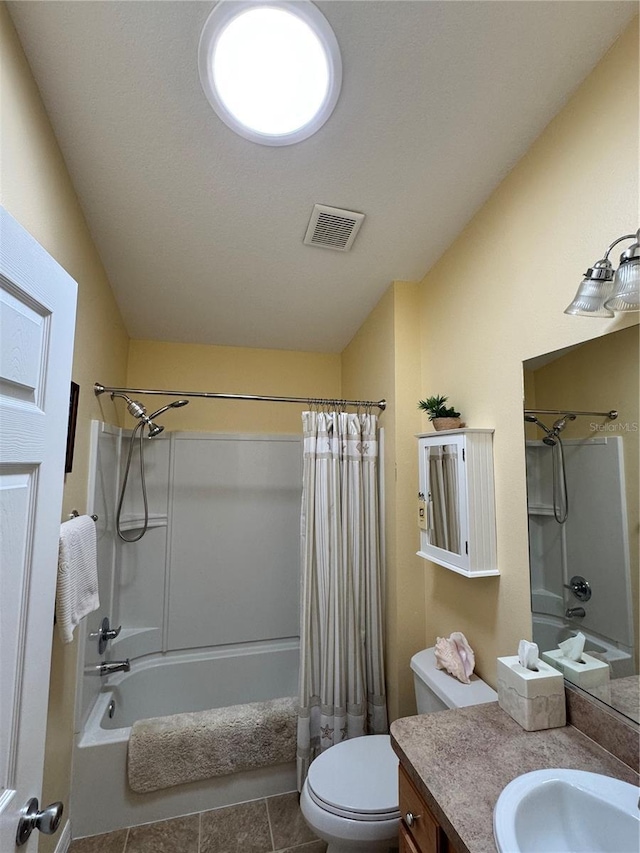 bathroom featuring visible vents, shower / bathtub combination with curtain, toilet, lofted ceiling, and vanity