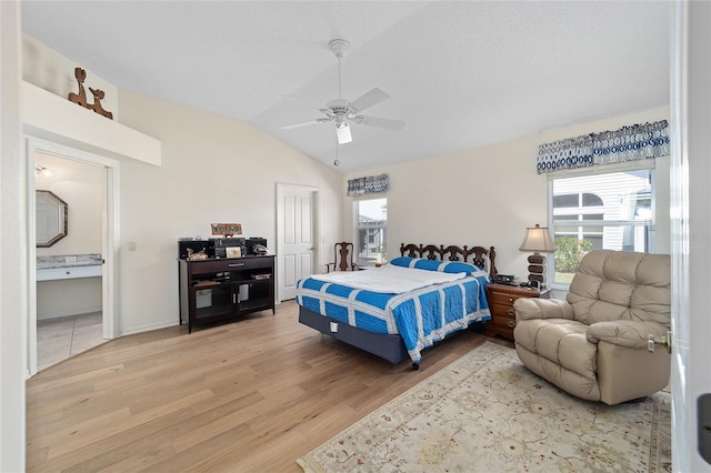 1417 Forest Acres Dr, The Villages, FL 32162 - bedroom with ceiling fan, baseboards, vaulted ceiling, light wood-style floors, and a closet