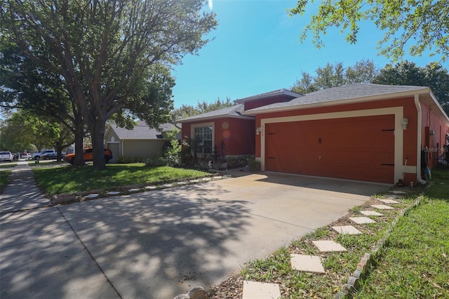 2442 Foxhollow Rd, Tavares, FL 32778 - ranch-style house with concrete driveway, stucco siding, a front yard, a garage, and a shingled roof