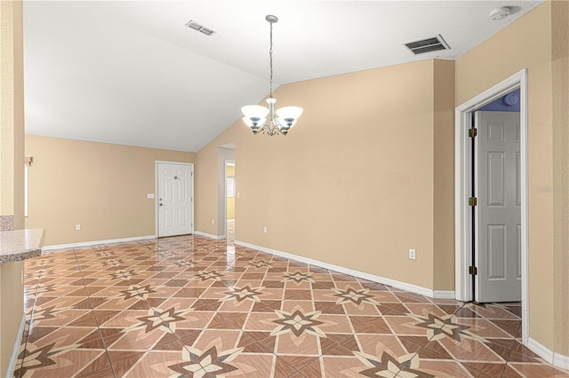 empty room with a chandelier, visible vents, baseboards, and vaulted ceiling