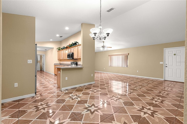 kitchen with visible vents, light brown cabinets, stainless steel microwave, open floor plan, and baseboards
