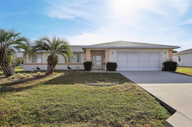 single story home featuring a front yard, concrete driveway, stucco siding, and an attached garage