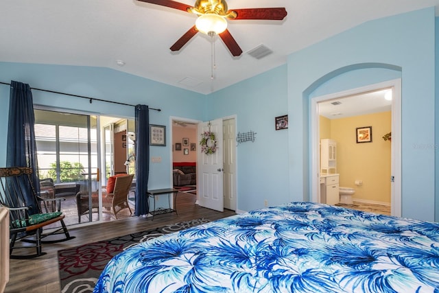 bedroom featuring lofted ceiling, arched walkways, access to exterior, visible vents, and wood finished floors
