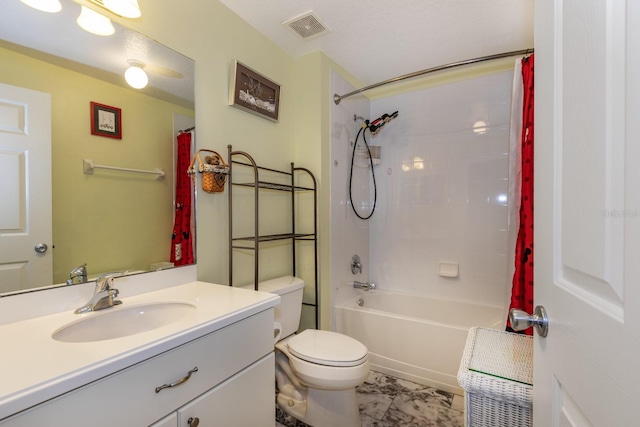 bathroom featuring vanity, shower / bathtub combination with curtain, toilet, marble finish floor, and visible vents