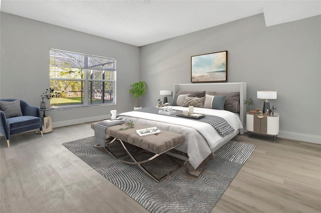 bedroom with baseboards and light wood-type flooring