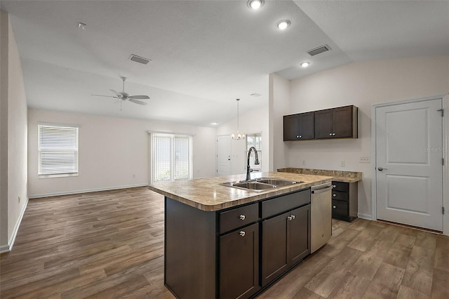 3557 Cochran St, The Villages, FL 32163 - kitchen with visible vents, ceiling fan, a sink, and lofted ceiling