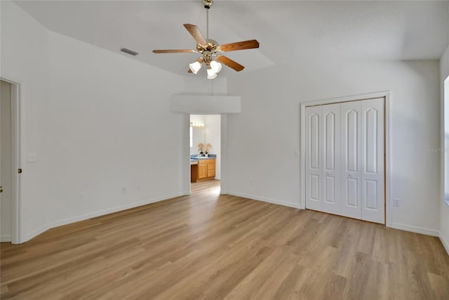 2433 Tamarindo Dr, The Villages, FL 32162 - unfurnished bedroom featuring a closet, baseboards, visible vents, light wood-style floors, and ceiling fan