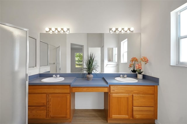 2433 Tamarindo Dr, The Villages, FL 32162 - bathroom with double vanity, a sink, a shower, and wood finished floors