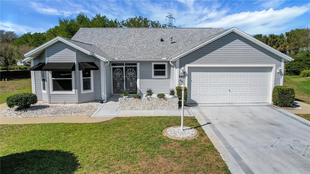 2433 Tamarindo Dr, The Villages, FL 32162 - ranch-style house featuring a front yard, driveway, roof with shingles, and an attached garage