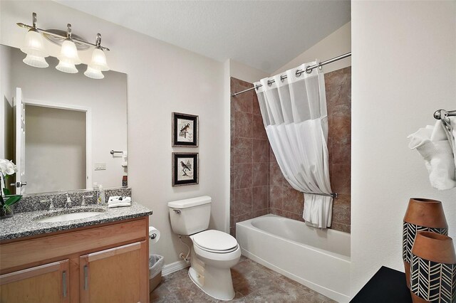 1093 Peninsula St, The Villages, FL 32162 - full bathroom featuring vanity, toilet, shower / bath combo with shower curtain, vaulted ceiling, and tile patterned floors
