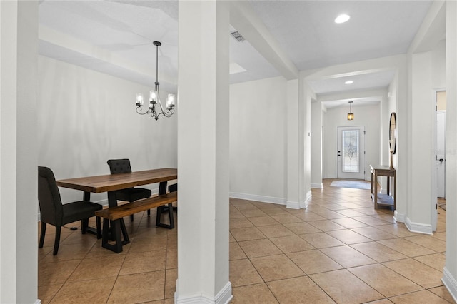 hall with light tile patterned floors, recessed lighting, baseboards, and visible vents